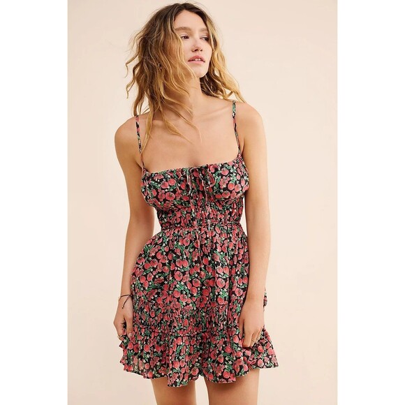 Free People Taking Sides Printed Mini Dress Tomato Tiered Ruffle Cotton M 283183 - Picture 1 of 9